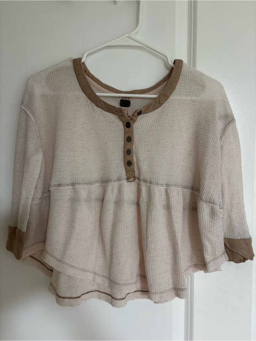 Free People Cream Peplum Henley Top with Brown Trim